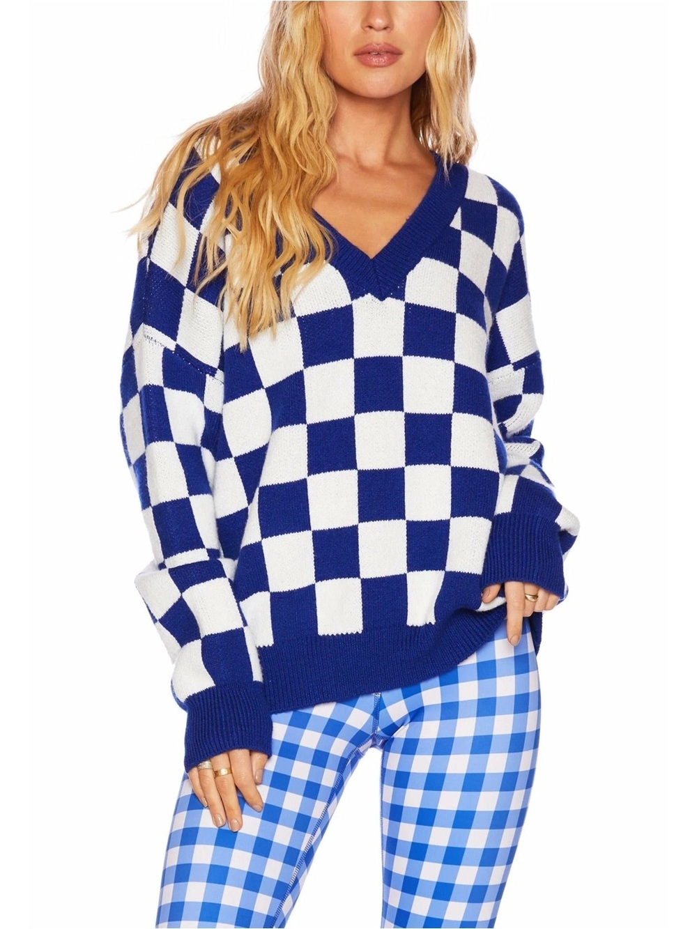 Beach Riot Blue & White Check V-Neck Sweater